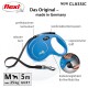 Blaue Flexi-Hundeleine mit ergonomischem Griff, 5 m Länge, geeignet für Hunde bis 25 kg, mit einem komfortablen Bremssystem.