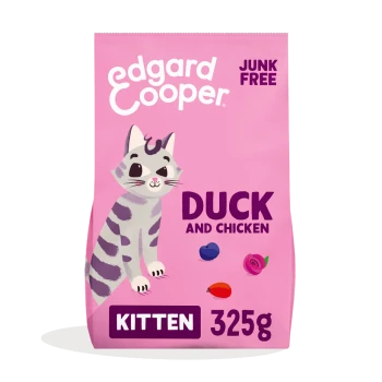 Bag of Edgard Cooper kitten food, featuring a cartoon cat, labeled "Duck and Chicken," 325g, with "Junk Free" prominently displayed.