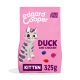 Bag of Edgard Cooper kitten food, featuring a cartoon cat, labeled "Duck and Chicken," 325g, with "Junk Free" prominently displayed.