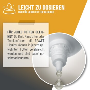 Eine Nahaufnahme einer Flüssigkeitsergänzung für Haustiere mit einem Tropfen, der an der Düse entsteht, mit dem Hinweis, dass sie für alle Arten von Haustierfutter geeignet ist.
