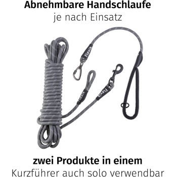 Graue Haustierleine mit abnehmbarer Handschlaufe, die zwei Produkte in einem bietet; der Text enthält 'Abnehmbare Handschlaufe' und 'zwei Produkte in einem.'