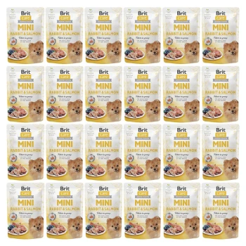 Opakowania karmy dla zwierząt Brit Care Mini Rabbit & Salmon, z puszystym psem na opakowaniu, wyeksponowane w formacie siatki.