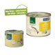 Zwei Dosen Real Nature Tiernahrung: eine kleine "Malt"-Dose und eine größere "Ente mit Forelle"-Dose mit einer Fischillustration, die auf eine Designänderung hinweist.