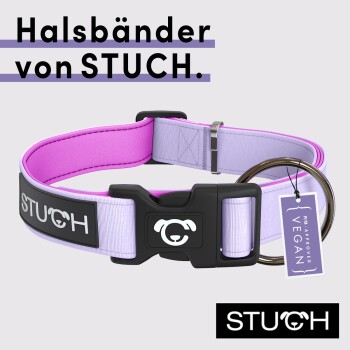 Lila Haustierhalsband mit einer schwarzen Schnalle, das den Markennamen "STUCH" und ein Etikett mit der Aufschrift "PETA APPROVED VEGAN" trägt.