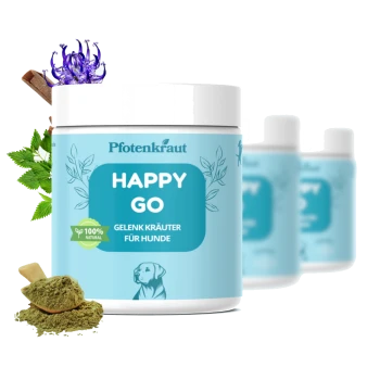 Behälter mit "Happy Go Gelenkskräuter für Hunde" Gelenkkräutern für Hunde, umgeben von grünen Blättern und einem Löffel Kräuterpulver.