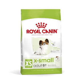 X-Small Adult 8+ 1.5 kg Royal Canin X-Small Adult 8+ Hundefutterbeutel mit einem Bild eines kleinen Hundes, das gesunde Immununterstützung und optimale Vitalität fördert.