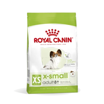 Royal Canin X-Small Adult 8+ Hundefutterbeutel mit einem Bild eines kleinen Hundes, das gesunde Immununterstützung und optimale Vitalität fördert.