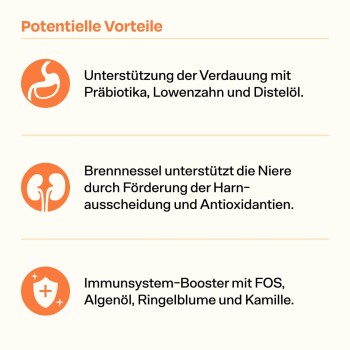 Infografik über die Vorteile für Haustiere: Verdauungsunterstützung (Präbiotika), Nierenunterstützung (Brennnessel), Immunstärkung (FOS, Algenöl, Ringelblume, Kamille).