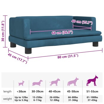 Blaues Haustiersofa mit den Maßen 80x45x30 cm, geeignet für Hunde von 51-55 cm Größe und 37-45 kg (81-100 lbs).