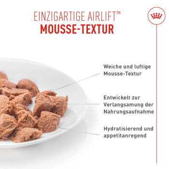 Braunes Mousse-Katzenfutter auf einem Teller; deutscher Text: „EINZIGARTIGE AIRLIFT™ MOUSSE-TEXTUR“; Hinweise: weich, verlangsamt die Aufnahme, feuchtigkeitsspendend.