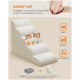 Schaumstoff-Haustiertreppe (weiß), Hand drückt in den Schaum, Etikett „Solider Halt“ und „25 kg“, Symbole mit den Beschriftungen: Weich, Elastisch, Atmungsaktiv.