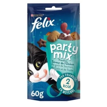 Een zak van 60g Felix Party Mix kattensnoepjes met een zwart-witte kat op de voorkant, met tekst die de oceansmaak en 2 kcal per snoepje aangeeft.