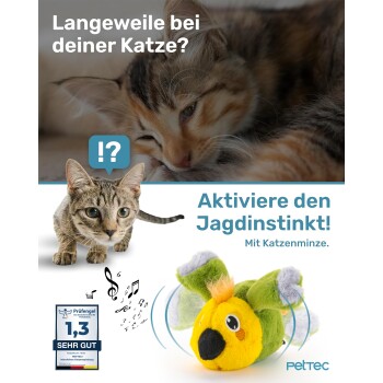 Bild eines verspielten Katzenspielzeugs in Form eines bunten Vogels, das die Interaktion für Katzen fördert. Text lautet "Aktiviere den Jagdinstinkt! Mit Katzenminze."