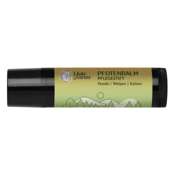 Yuki cares Pfotenbalsam, ein 5ml Pfotenbalsam in einer grünen Tube mit schwarzem Deckel, entworfen für die Pflege von Haustierpfoten.