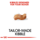 Kibble for Boxers with unique bean-shaped pieces, featuring "KIBBLES DESIGNED FOR YOUR BOXER" and "TAILOR-MADE KIBBLE."