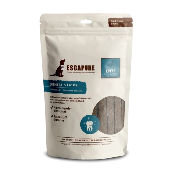 ESCAPURE Dental Sticks Verpackung für Hunde, mit einer Hundesilhouette, blau-weißen Farben und Zutaten-Highlights.