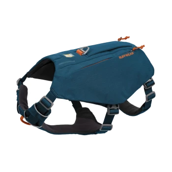 Ein blauer Hundegeschirr mit verstellbaren Riemen und gepolstertem Unterteil, mit dem Markennamen 'RUFFWEAR' in Orange.