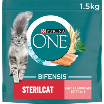 Sac de nourriture pour chat Purina ONE Bifensis Sterilcat, 1,5 kg, avec un chat gris à la queue duveteuse, saumon, blé, et herbes vertes.