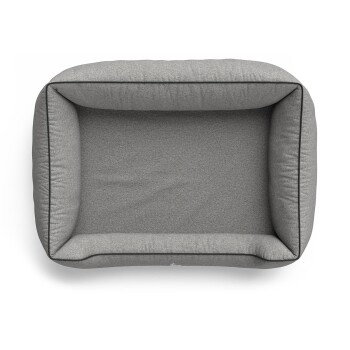 Graues rechteckiges Haustierbett mit plüschigen Seiten und einem weichen Innenraum, von oben betrachtet.