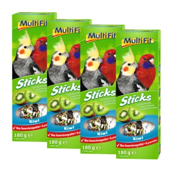 Quatre boîtes de bâtonnets Multifit au kiwi pour grands perruches, 180g chacune, avec un cockatiel et une perruche rouge, avec "Sans conservateurs."