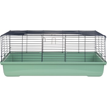 Ein grüner Kunststoffhaustierkäfig mit einem schwarzen Drahtoberteil, mit einem sicheren Verschluss und ausreichend Platz für kleine Tiere.