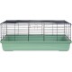 Ein grüner Kunststoffhaustierkäfig mit einem schwarzen Drahtoberteil, mit einem sicheren Verschluss und ausreichend Platz für kleine Tiere.