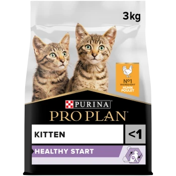 Purina Pro Plan kitten food, 3kg bag, featuring two tabby kittens on the front, labeled "Healthy Start" and "No. 1 Ingredient Huhn Poulet."