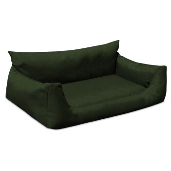 Grünes Haustierbett mit einem weichen, plüschigen Design und erhöhten Seiten für Komfort, geeignet für Hunde oder Katzen.