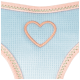 Helles blaues Haustiergeschirr mit einem gestickten Herzdesign in Roségold, mit kontrastierenden rosa und grünen Stickdetails.