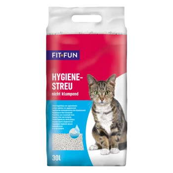 A bag of FIT+FUN cat litter labeled "Hygiene-Streu nicht klumpend" with a tabby cat on the front, indicating non-clumping properties.