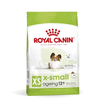 Royal Canin X-Small Ageing 12+ Hundefutterbeutel, mit einem kleinen Hund auf der Vorderseite, mit Text, der das gesunde Immunsystem und die Vitalitätsunterstützung hervorhebt.