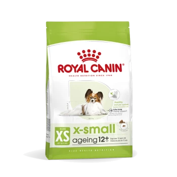 Royal Canin X-Small Ageing 12+ Hundefutterbeutel, mit einem kleinen Hund auf der Vorderseite, mit Text, der das gesunde Immunsystem und die Vitalitätsunterstützung hervorhebt.