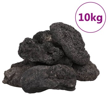 Ein Haufen schwarzer Vulkangesteine, beschriftet mit '10kg' in einem lila Kreis, geeignet für Aquarien oder Haustierlebensräume.