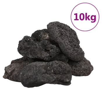 Ein Haufen schwarzer Vulkangesteine, beschriftet mit '10kg' in einem lila Kreis, geeignet für Aquarien oder Haustierlebensräume.