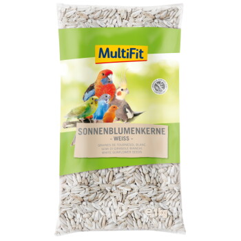 MultiFit white sunflower seeds for birds, 1kg bag with colorful bird images and multilingual text.