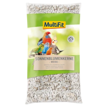 MultiFit white sunflower seeds for birds, 1kg bag with colorful bird images and multilingual text.