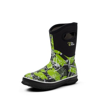 Grün und schwarz gemusterte Haustierstiefel mit einem schwarzen Neopren-Oberteil und einem Logo mit der Aufschrift 'Two Tracks'.