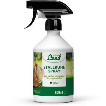 Eine Sprühflasche mit der Aufschrift "Hühner Land Stallruhe Spray" zur Förderung der Harmonie unter Hühnern, 500ml, hergestellt in Deutschland.
