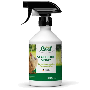 Eine Sprühflasche mit der Aufschrift "Hühner Land Stallruhe Spray" zur Förderung der Harmonie unter Hühnern, 500ml, hergestellt in Deutschland.