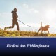Ein Mann joggt mit einem Hund an der Leine auf einer grasbewachsenen Fläche unter einem hellen Himmel, mit dem Text "Fördert das Wohlbefinden" am unteren Rand.