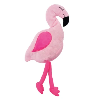 A plush pink flamingo toy with a black beak, embroidered eyes, and a heart-shaped patch on its side, featuring long fabric legs.