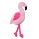 Ein plüschiges pinkes Flamingo-Spielzeug mit einem schwarzen Schnabel, gestickten Augen und einem herzförmigen Patch an der Seite, mit langen Stoffbeinen.