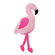 Ein plüschiges pinkes Flamingo-Spielzeug mit einem schwarzen Schnabel, gestickten Augen und einem herzförmigen Patch an der Seite, mit langen Stoffbeinen.