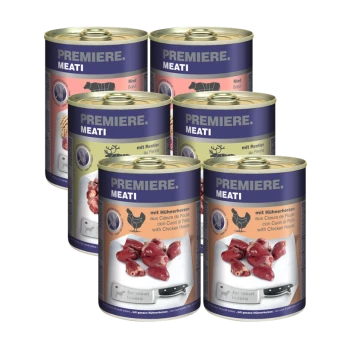 Sechs Dosen PREMIERE MEATI Tiernahrung, mit Geschmäckern wie Rind, Wild und Hühnerherzen, mit einem "für Fleischliebhaber"-Label.