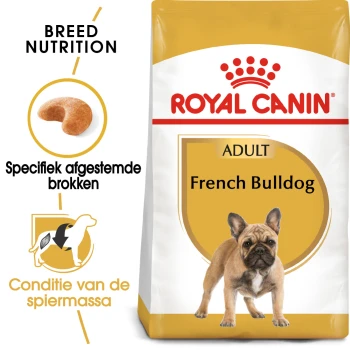 French Bulldog Adult 9 kg Royal Canin Adult French Bulldog hondenvoer zak, met specifieke voedingsdetails voor het ras en een afbeelding van een Franse Bulldog.