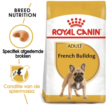 Royal Canin Adult French Bulldog hondenvoer zak, met specifieke voedingsdetails voor het ras en een afbeelding van een Franse Bulldog.