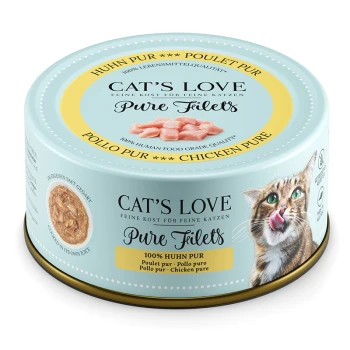 Die Cat's Love Pure Filets Katzenfutterdose mit einer verspielten Katze auf dem Etikett, mit dem Text "100% Huhn Pur" und "Chicken Pure."