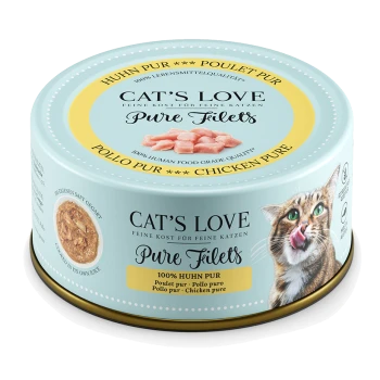 Kat's Love Pure Filets kattenvoerblik, met een speelse kat op het etiket, met tekst die '100% Huhn Pur' en 'Kip Pur' aangeeft.