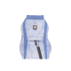 Ein blau-weiß gemustertes Hundegeschirr mit einem Ruffwear-Logo, mit verstellbaren Riemen und einem Metallclip zur Leinenbefestigung.