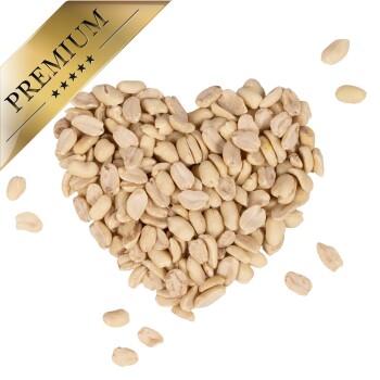 Ein Holzbrett gefüllt mit rohen Erdnüssen, verstreute Erdnüsse darum herum, und ein Aufkleber mit der Aufschrift 'Bewährte Qualität seit über 10 Jahren' und 'Best Quality.'